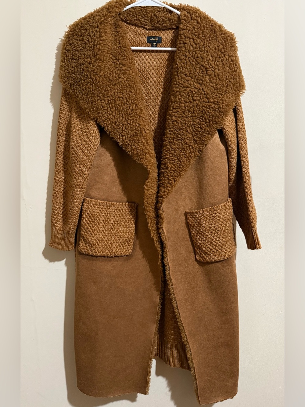 OnTwelfth Anthropologie Camel Sherpa Faux Suede Waterfall Coatigan Cardigan Coat